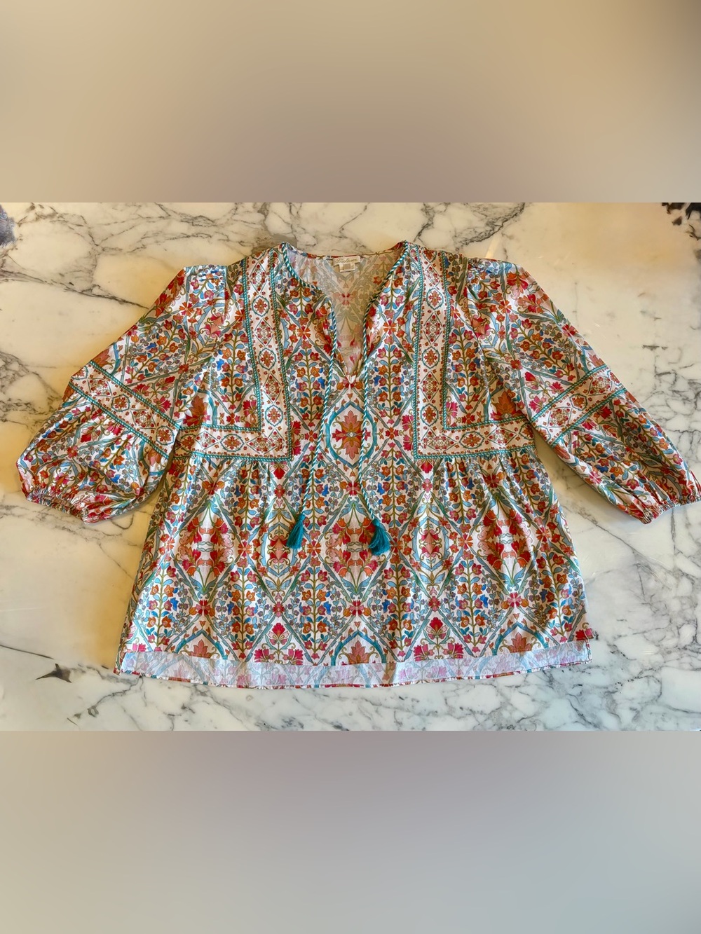 EUC SHOSHANNA Remi Top Pullover Neck Tie Stretch Cotton 3/4 Sleeve XL Teal/Coral - Picture 6 of 12